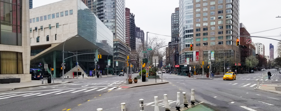 the nearly empty intersection of Broadway, Columbus Ave, and 65th Street in March 2020