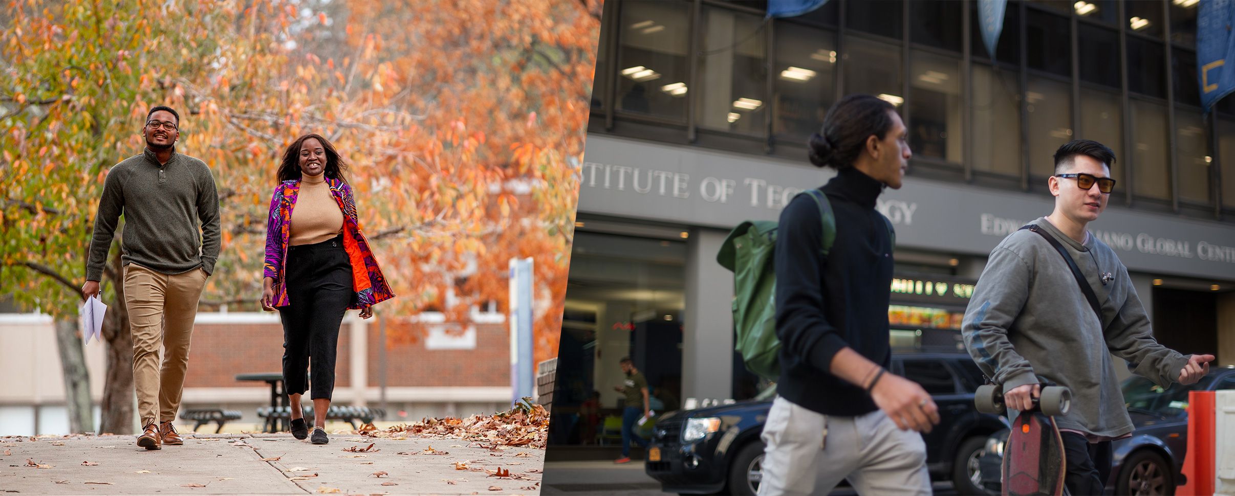 split photo of students walking around NYIT campus in Lincoln Square in the fall