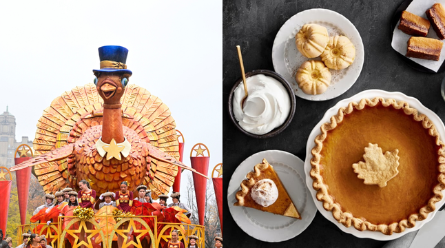 Photo of a turkey parade float next to a photo of pies and desserts
